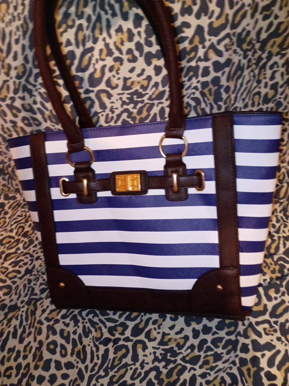 Striped Navy and White Tote with Dark Brown Trim